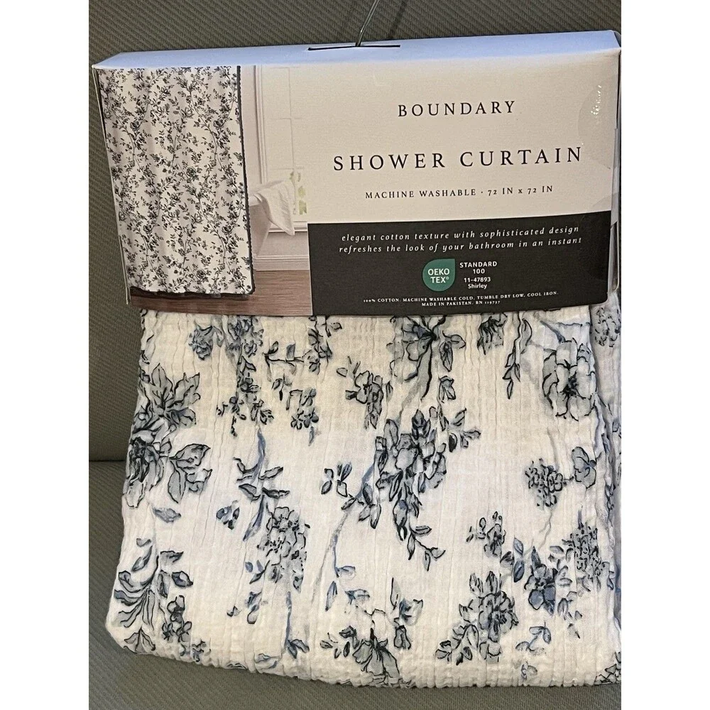 Boundary Shower Curtain Elegant Cotton Texture White Blue Floral Blue Trim New